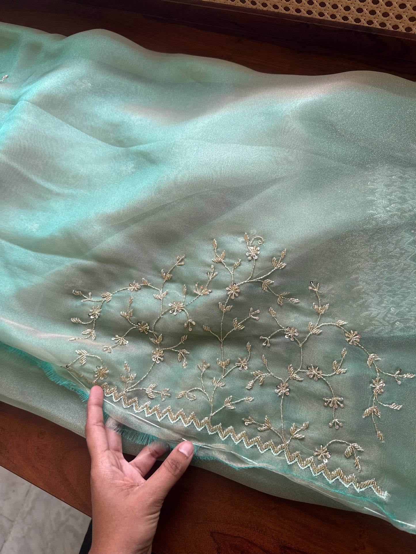 Luxe Tissue Saree with heavy blouse- Blue Green Golden