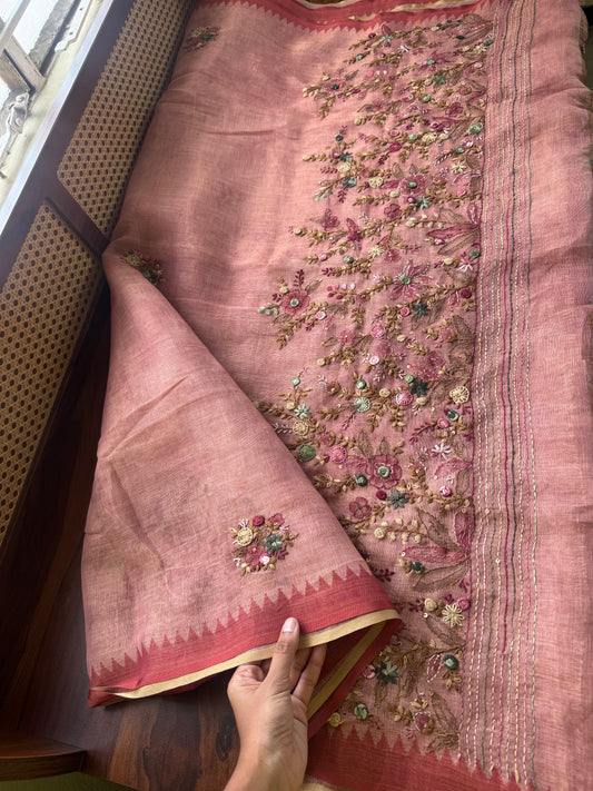 Premium Tissue Linen Sarees - Peach Pink