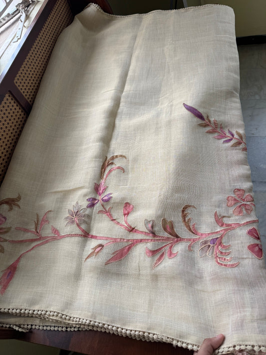 Premium Tissue Linen Sarees with appliqué work - Half White & Peach