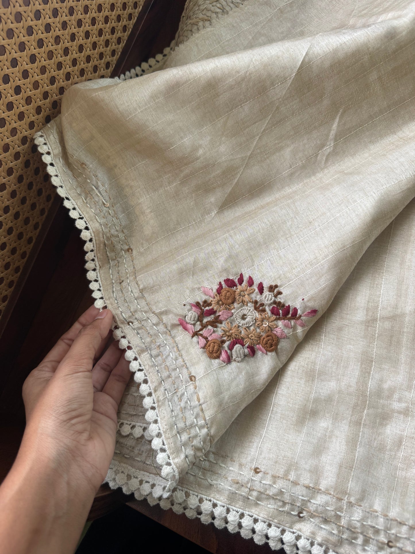 Premium Tussar Blend Saree with Handwork - Halfwhite & Maroon