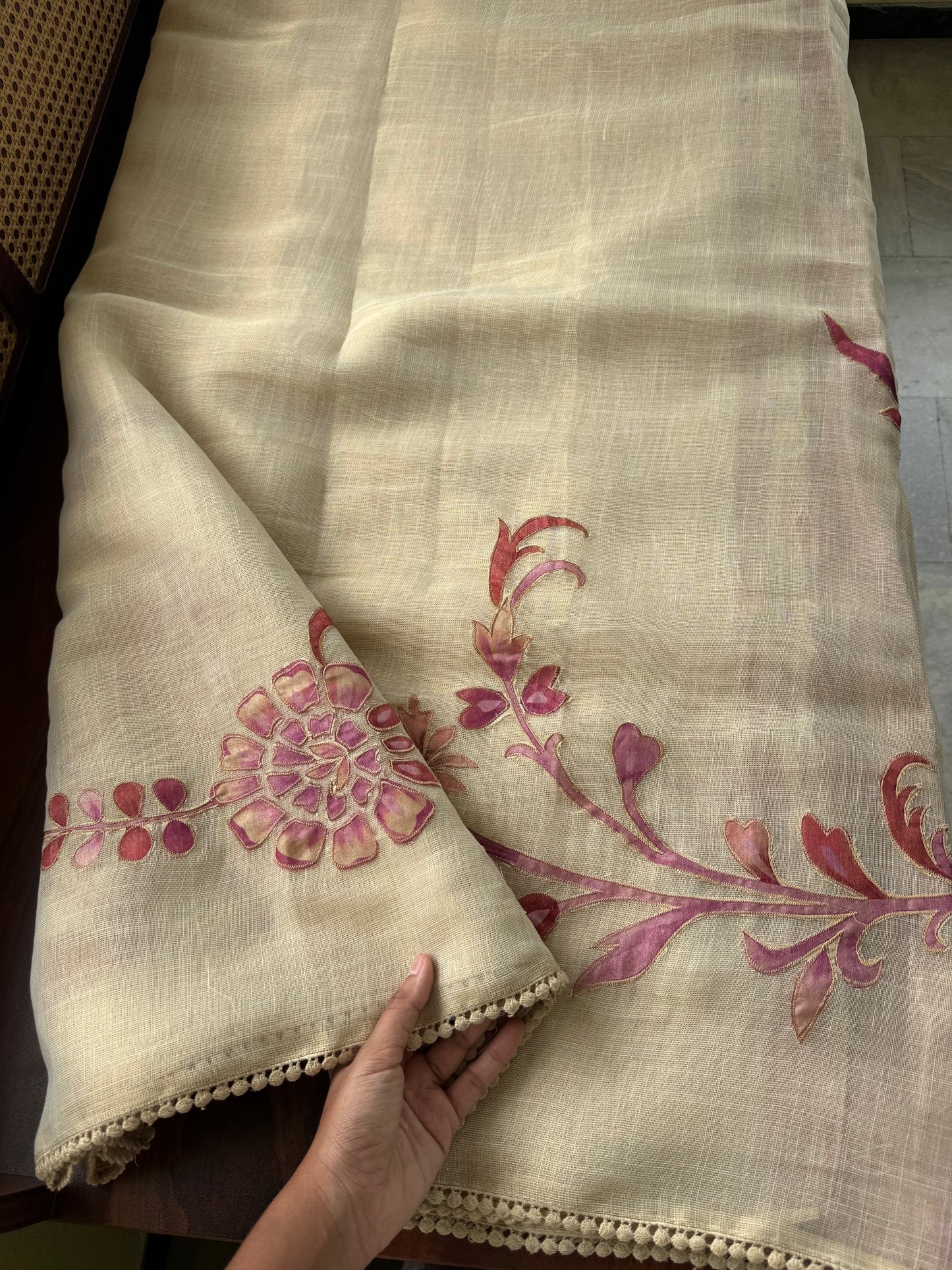 Premium Tissue Linen Sarees with appliqué work - Half White & Pink