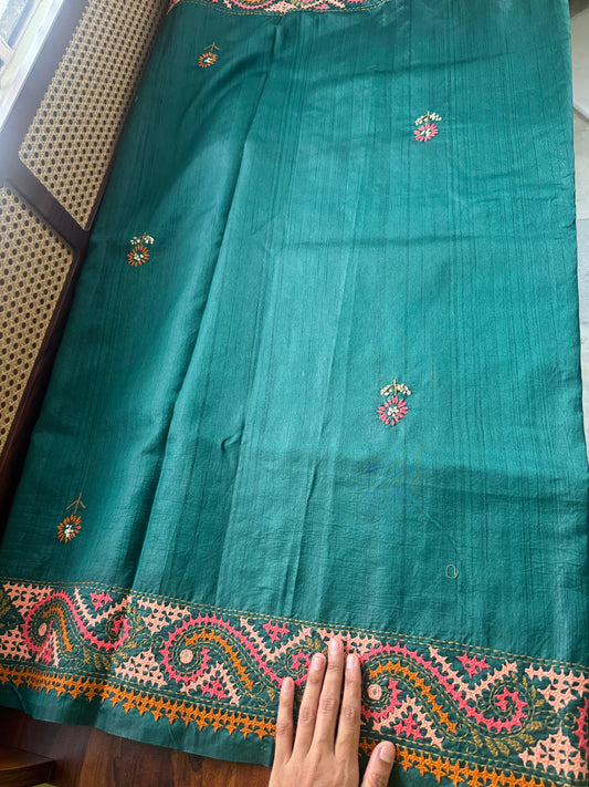 Hand Embroidered Tussar Blend Saree - Green