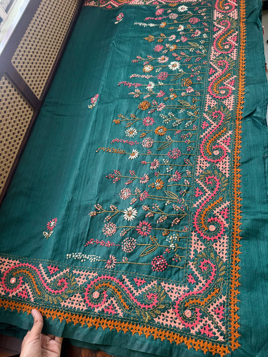 Hand Embroidered Tussar Blend Saree - Green