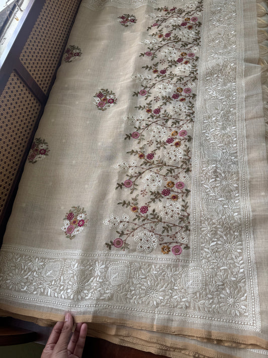 Premium Tissue Linen Sarees - Half White & Pink