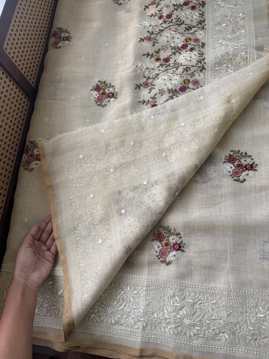 Premium Tissue Linen Sarees - Half White & Pink