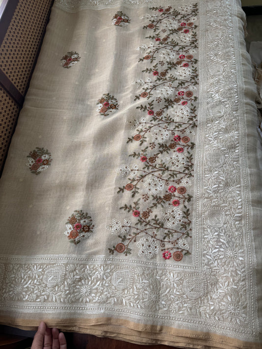 Premium Tissue Linen Sarees - Half White & Marigold