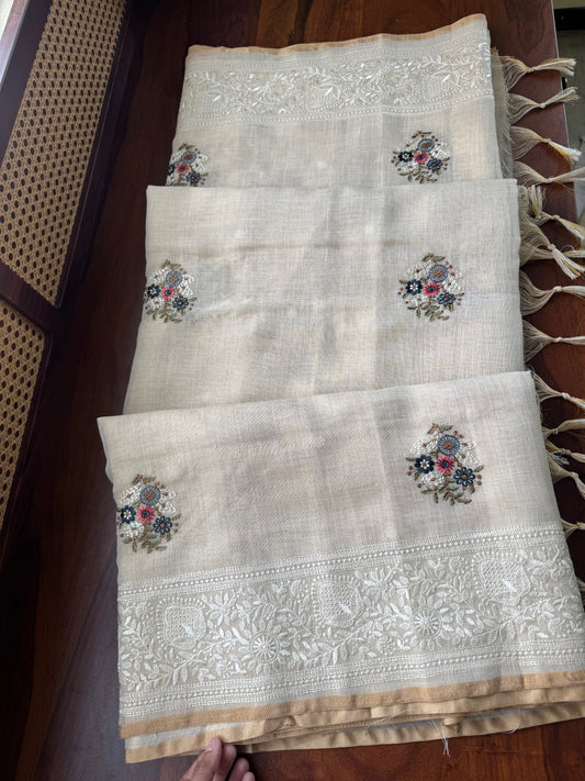 Premium Tissue Linen Sarees - Half White & Navy Blue