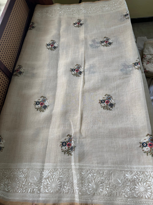 Premium Tissue Linen Sarees - Half White & Navy Blue