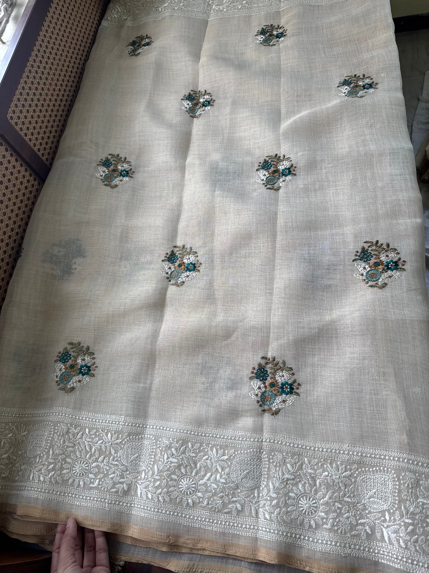 Premium Tissue Linen Sarees - Half White & Peacock Blue