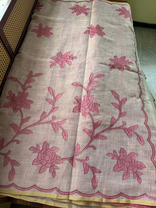 Premium Tissue Linen Sarees with appliqué work - Half White & Pink