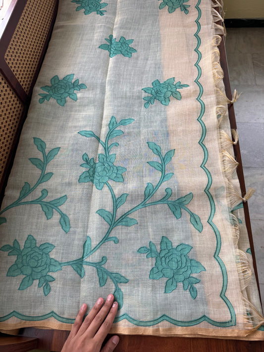 Premium Tissue Linen Sarees with appliqué work - Half White & Blue