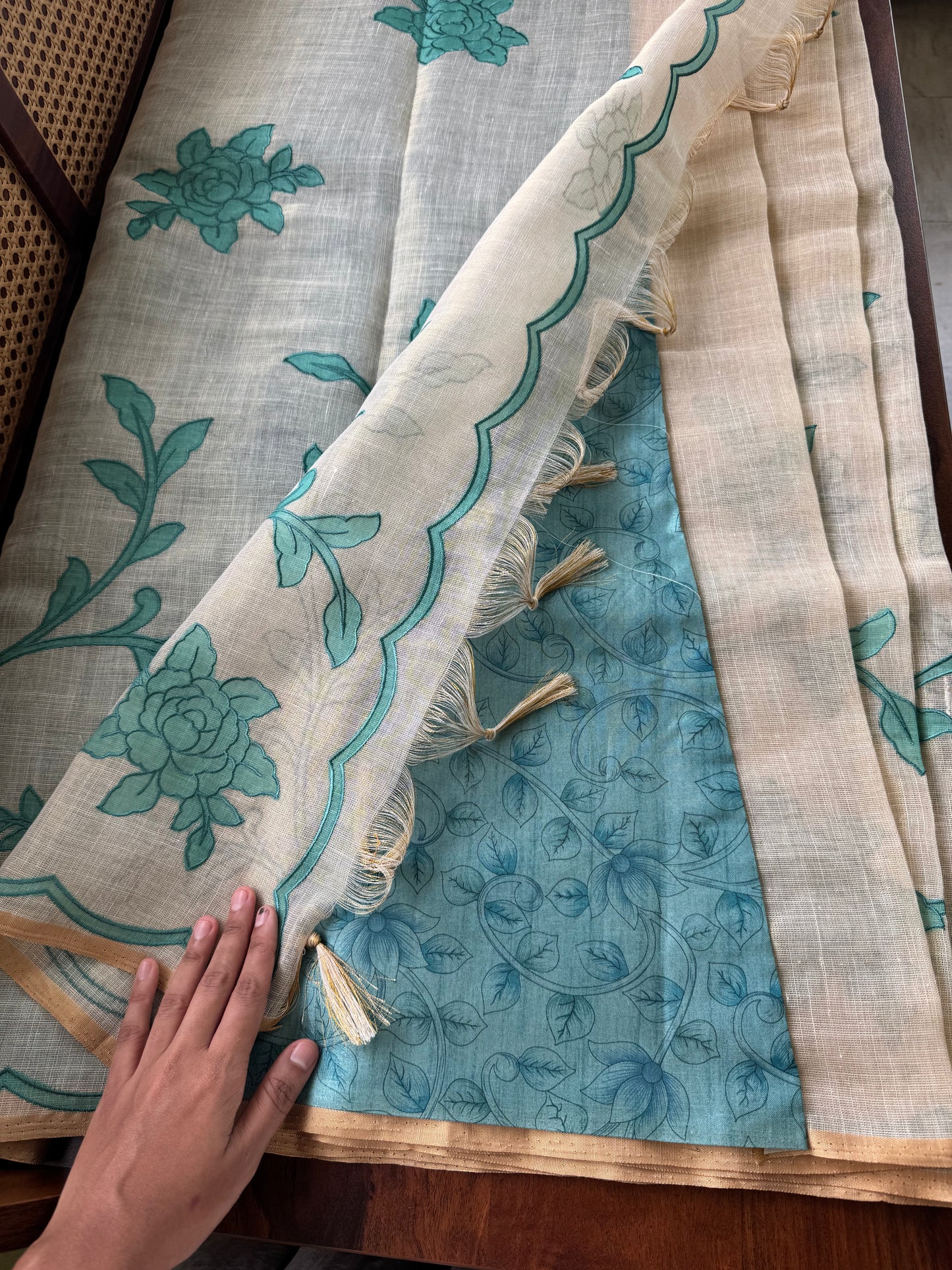 Premium Tissue Linen Sarees with appliqué work - Half White & Blue