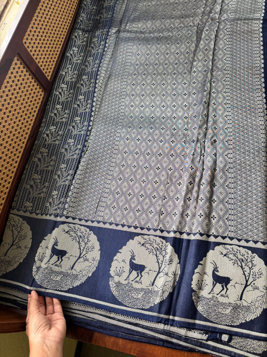 Soft Semi Silk Deer Saree - Navy Blue