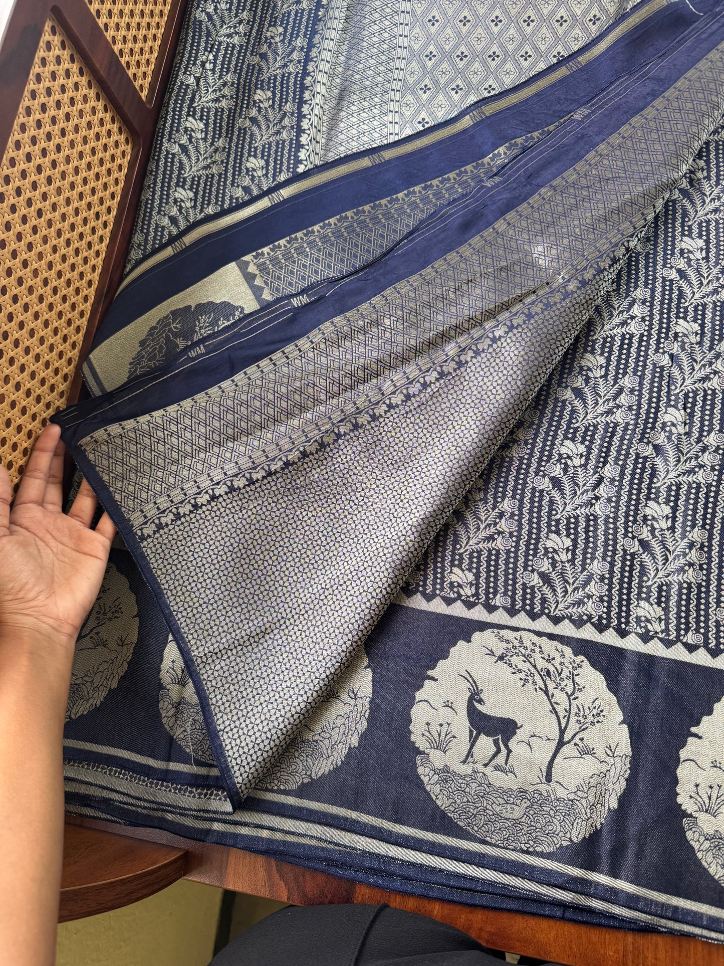 Soft Semi Silk Deer Saree - Navy Blue