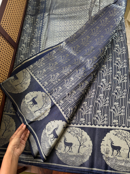 Soft Semi Silk Deer Saree - Navy Blue