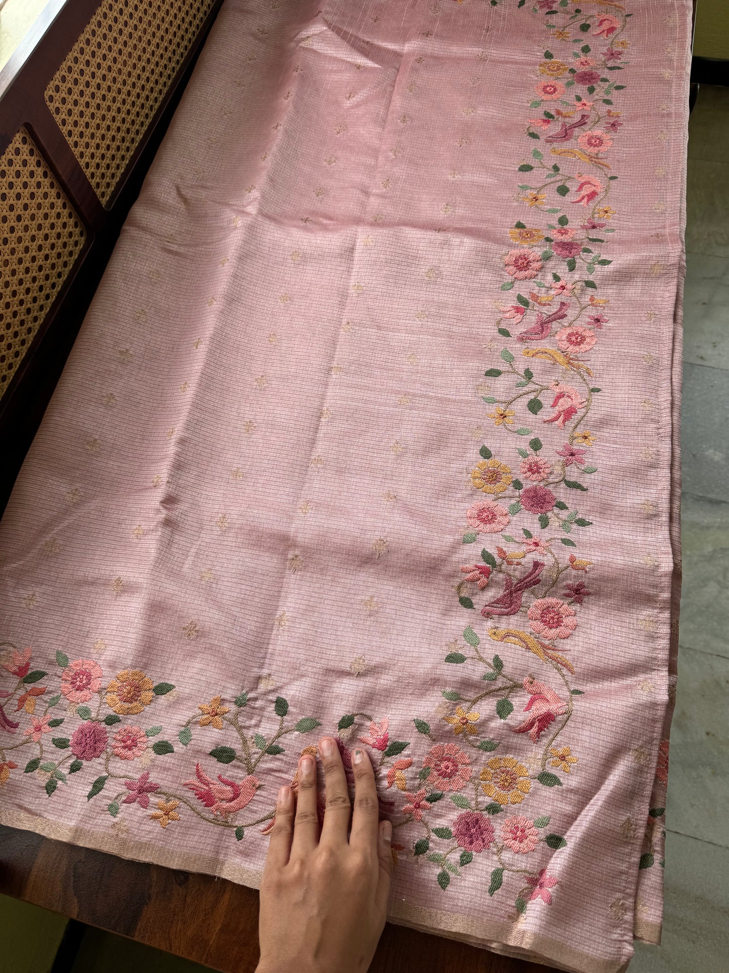 Embroidered Tussar Blend - Pink