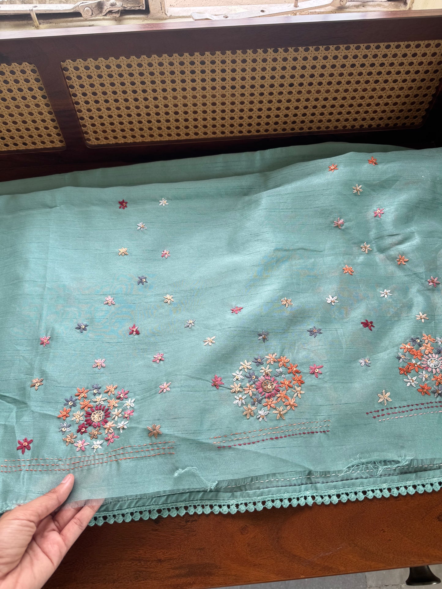 Hand Embroidered Tussar Blend Saree with heavy blouse - Aqua Blue