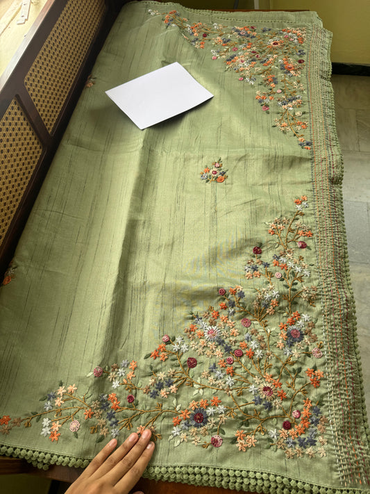 Hand Embroidered Tussar Blend Saree with heavy blouse - Green