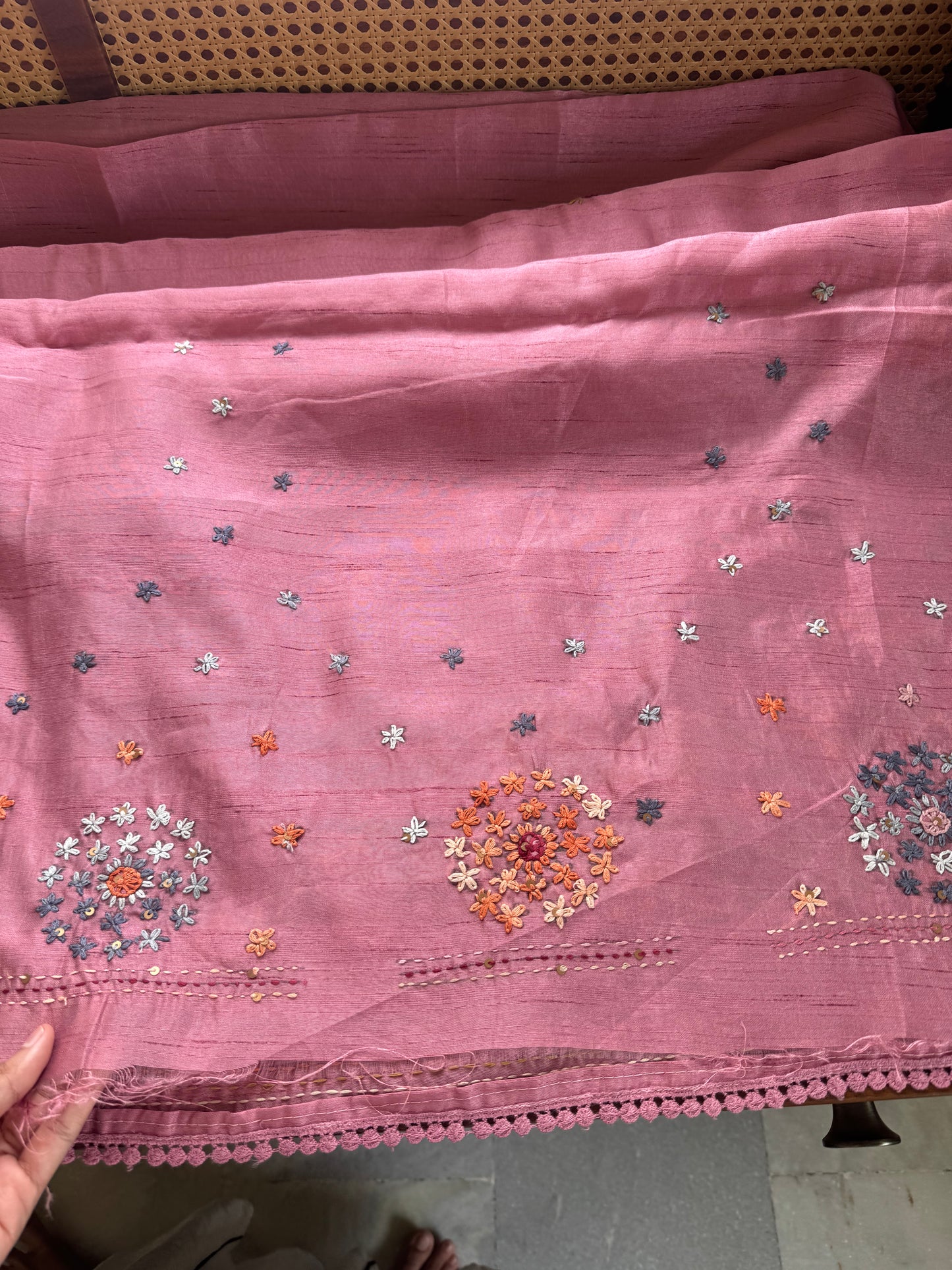 Hand Embroidered Tussar Blend Saree with heavy blouse - Pink