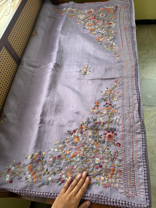 Hand Embroidered Tussar Blend Saree with heavy blouse - Lavender