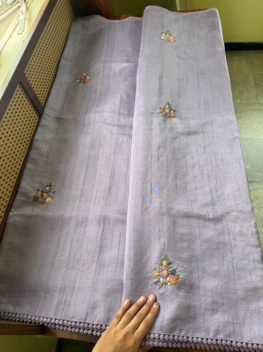 Hand Embroidered Tussar Blend Saree with heavy blouse - Lavender