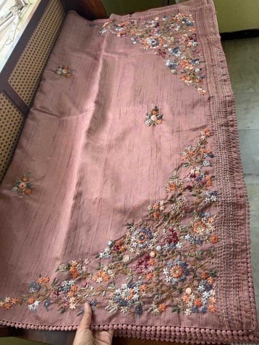 Hand Embroidered Tussar Blend Saree with heavy blouse - Mauve