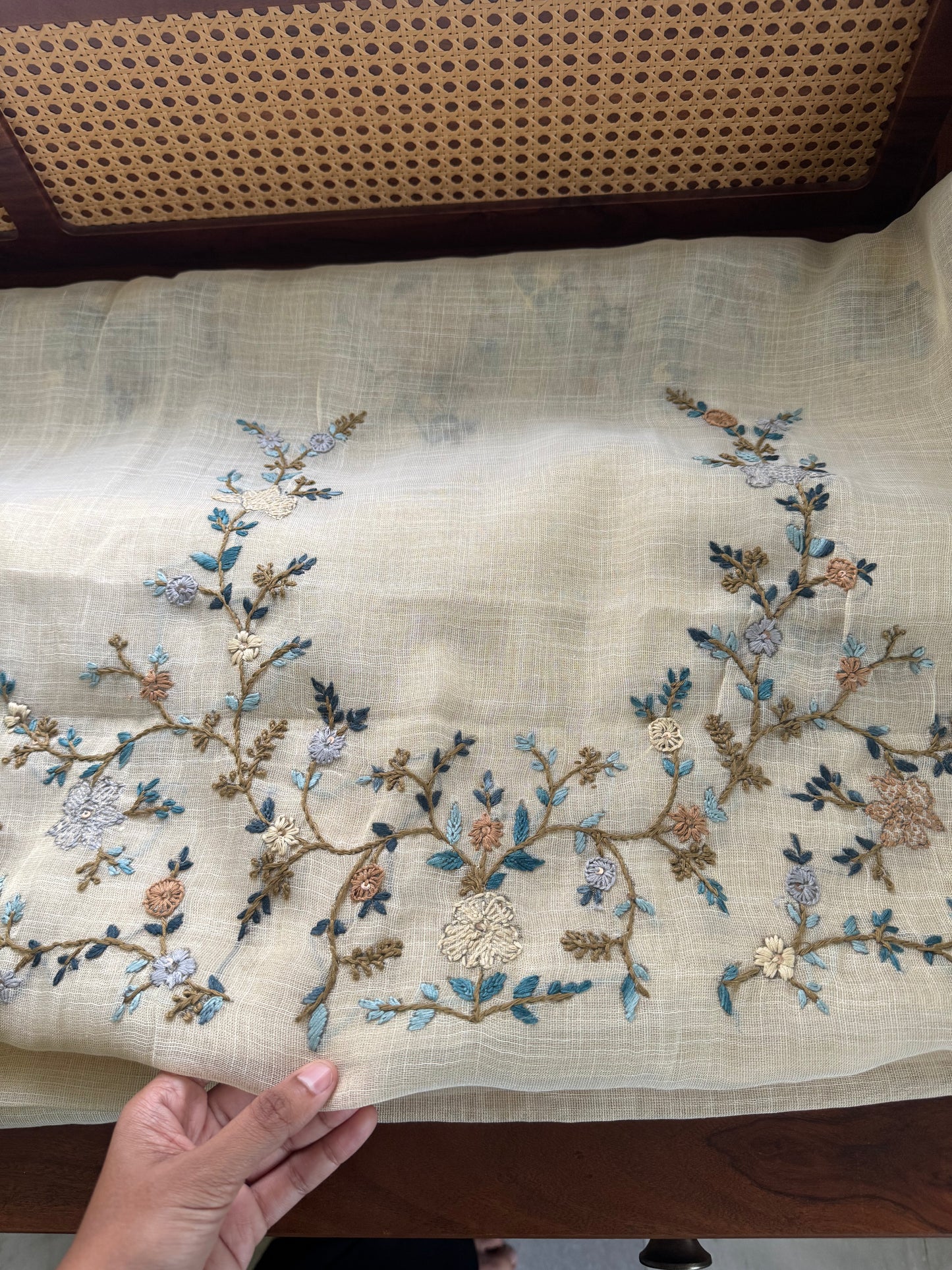Premium Tissue Linen Sarees with heavy blouse - Beige & Blue
