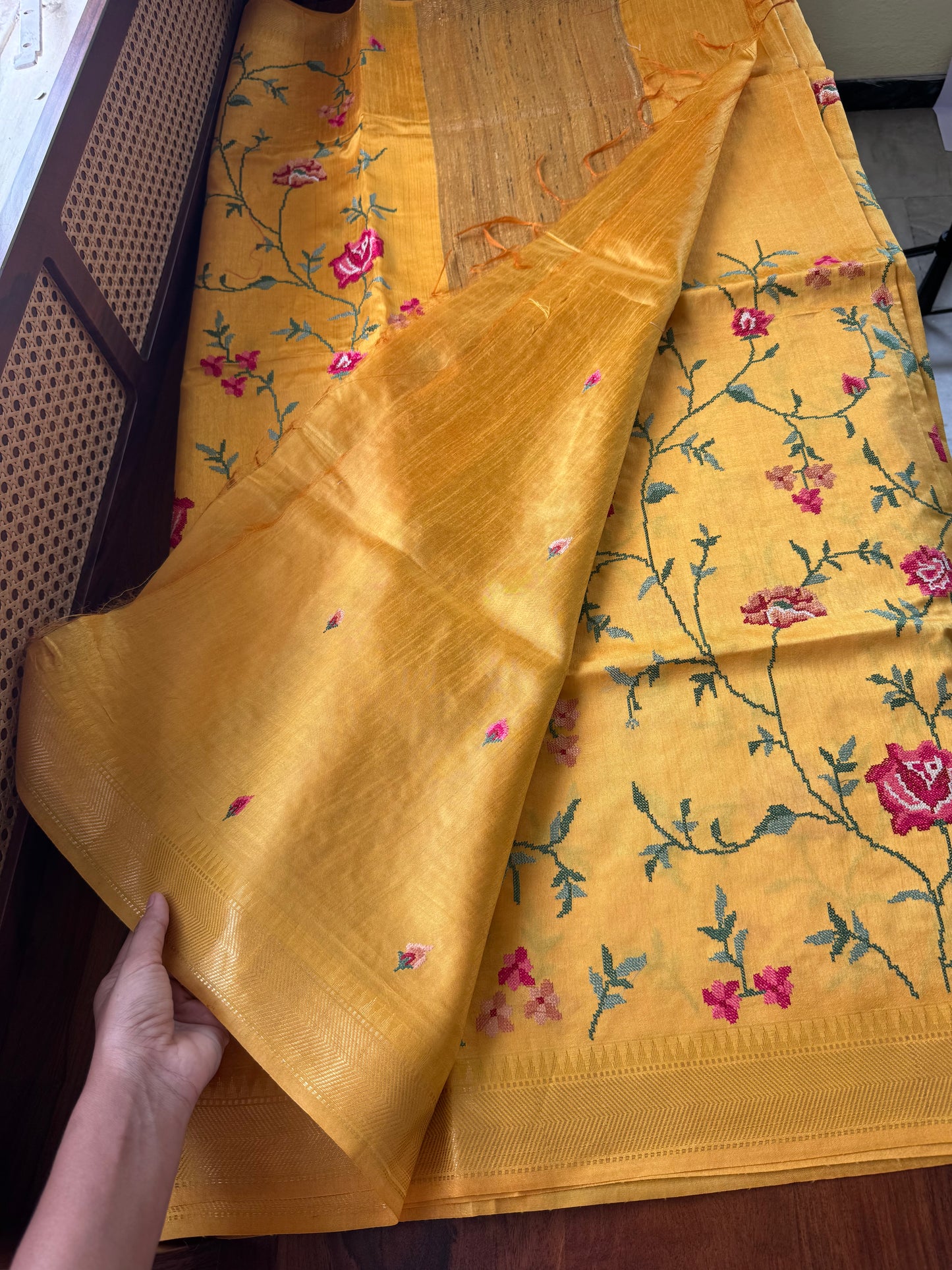 Pure Handloom Tussar Silk Saree with Embroidery- Yellow