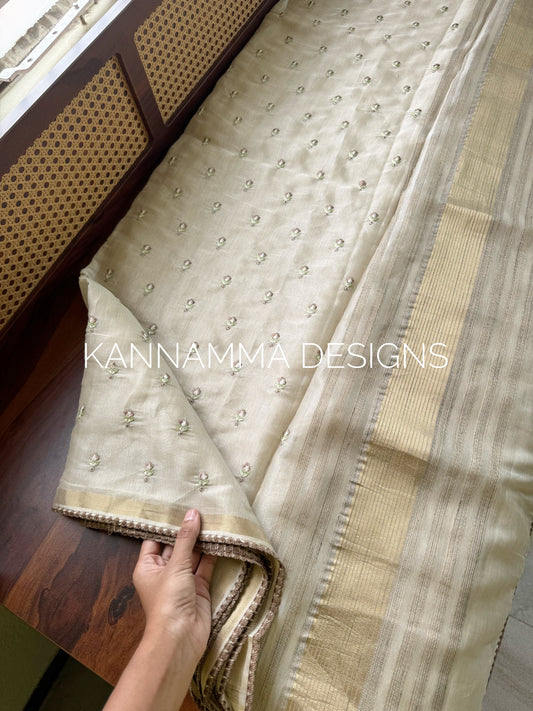 Mul Chanderi Tissue Saree - Cream & Brown