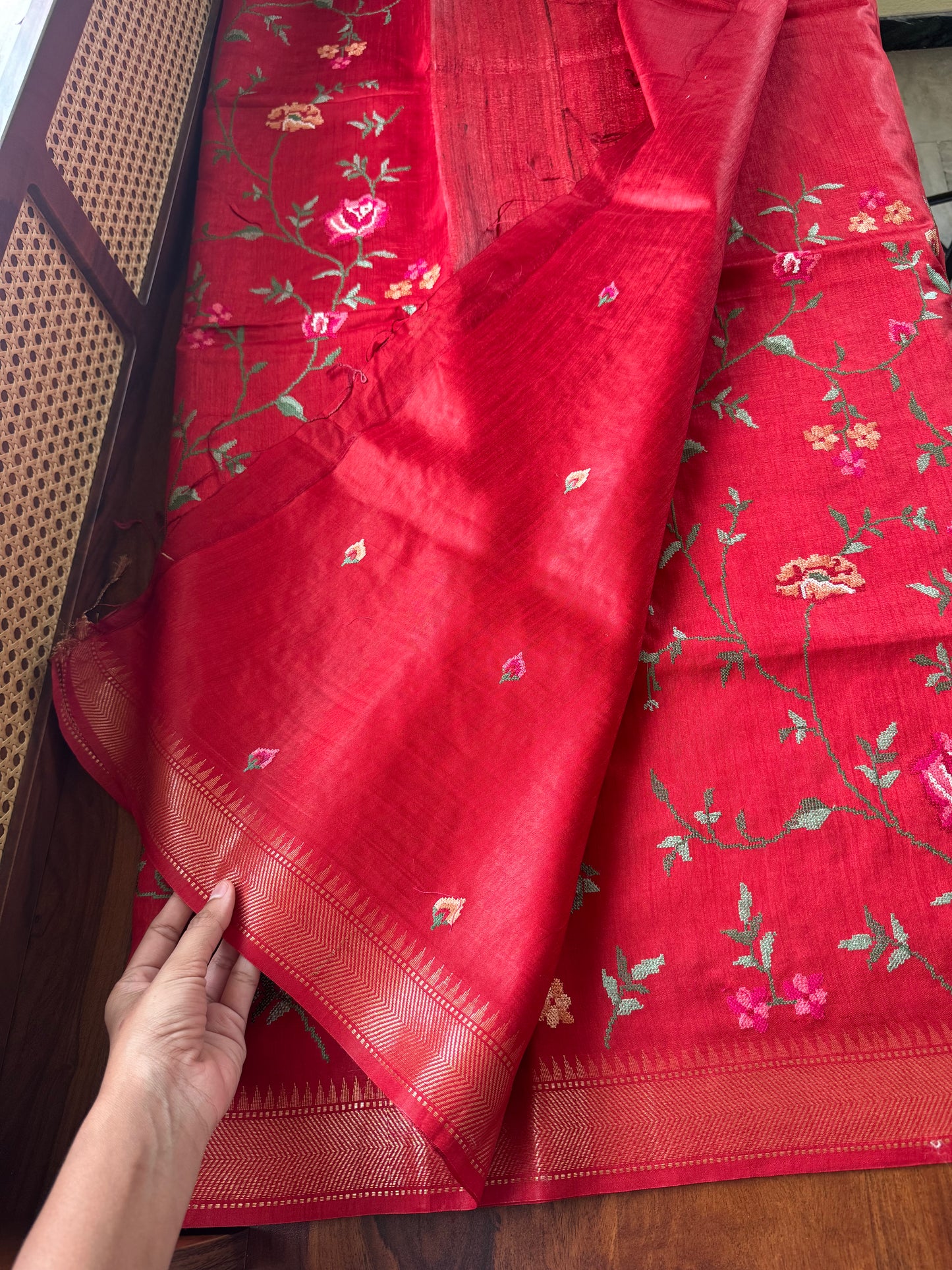 Pure Handloom Tussar Silk Saree with Embroidery- Red