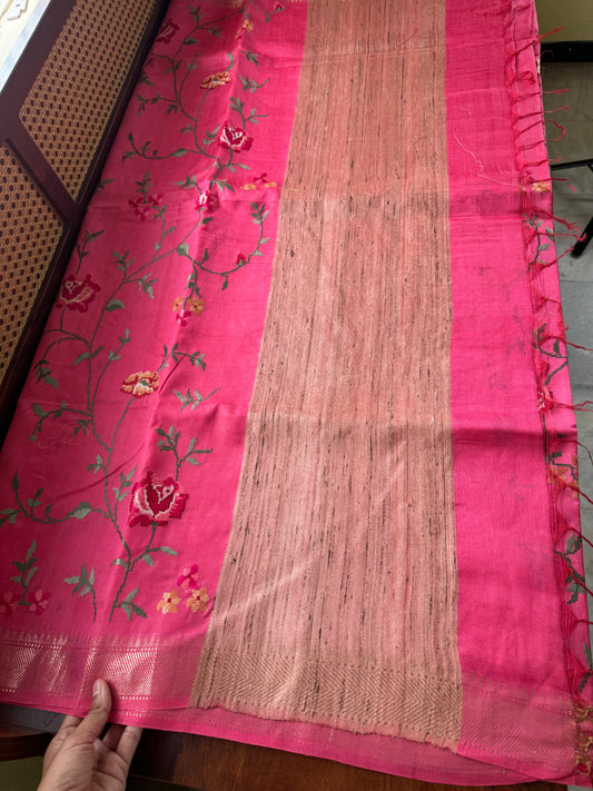 Pure Handloom Tussar Silk Saree with Embroidery- Pink