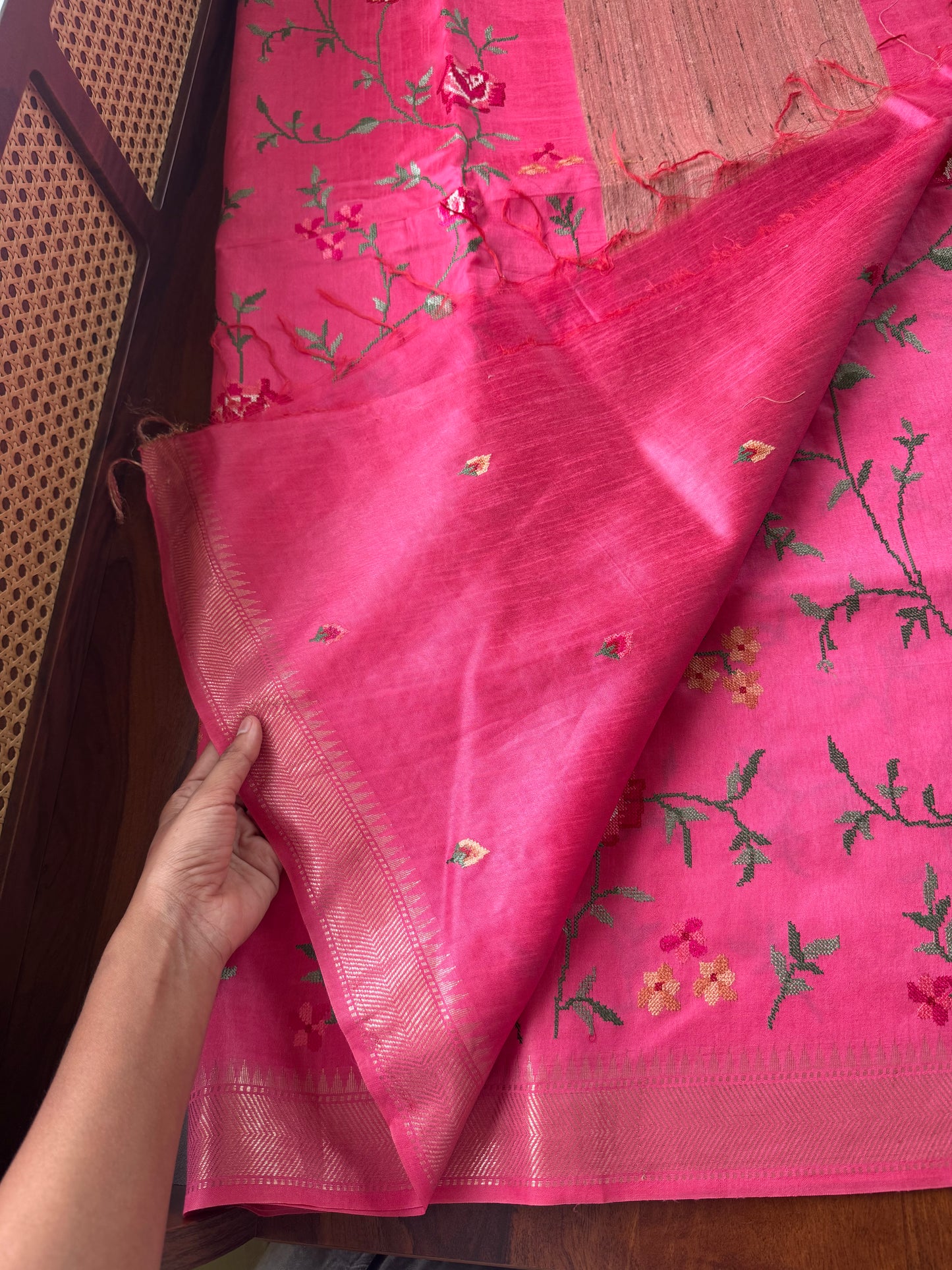 Pure Handloom Tussar Silk Saree with Embroidery- Pink