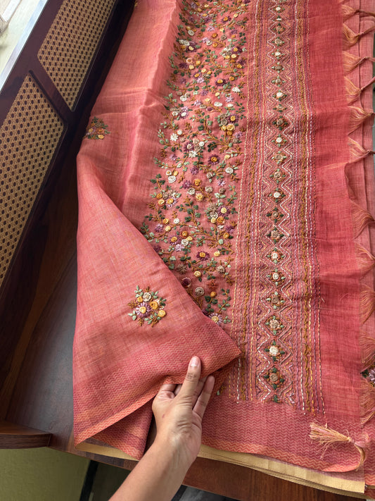 Premium Tissue Linen Sarees with heavy blouse - Peach