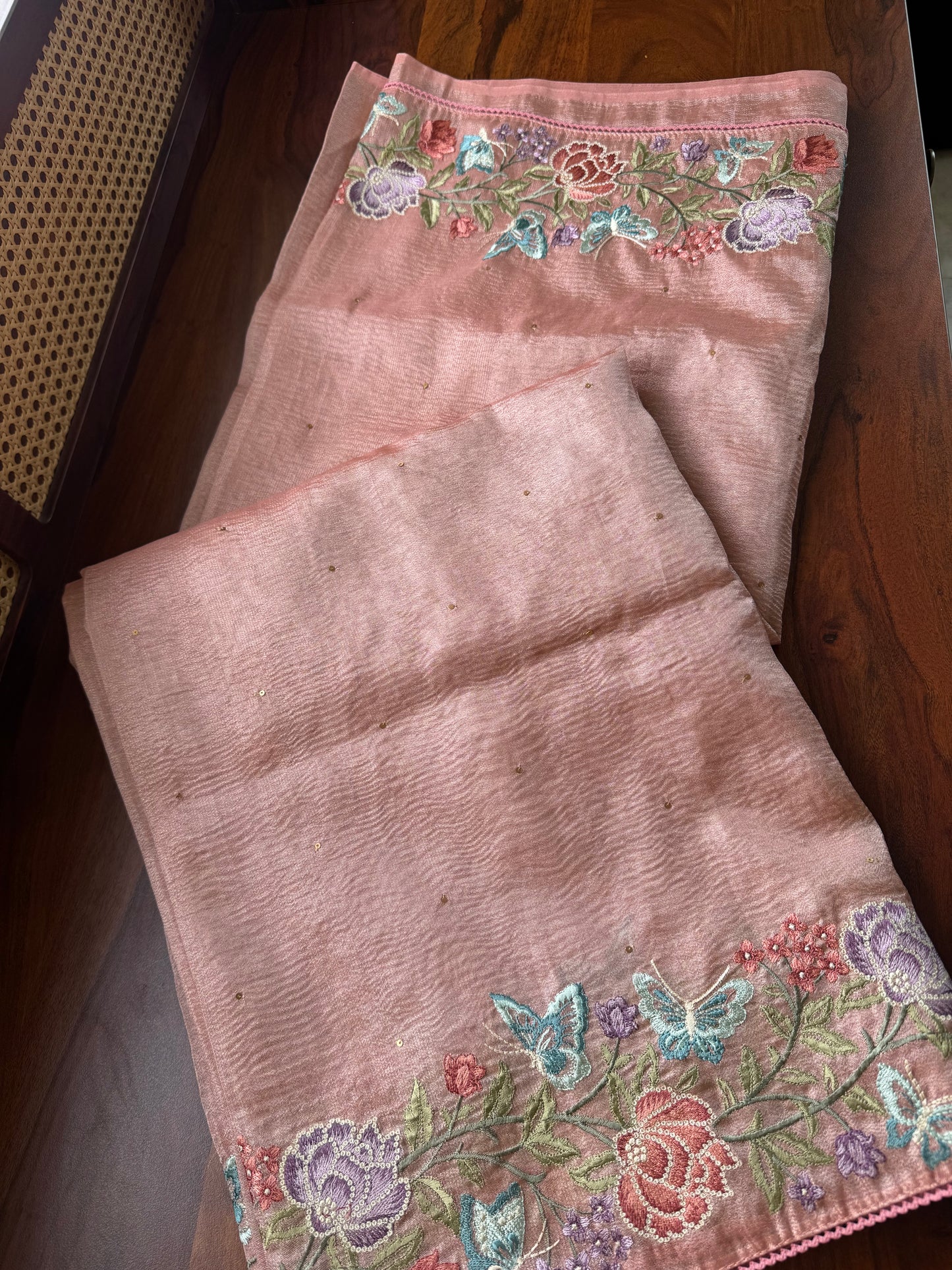 Butterfly Bloom Tissue Saree - Rosegold