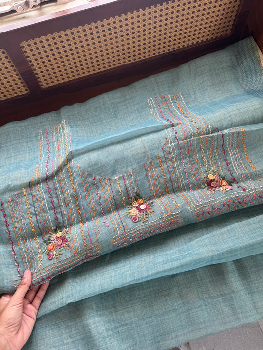 Premium Tissue Linen Sarees with heavy blouse - Blue