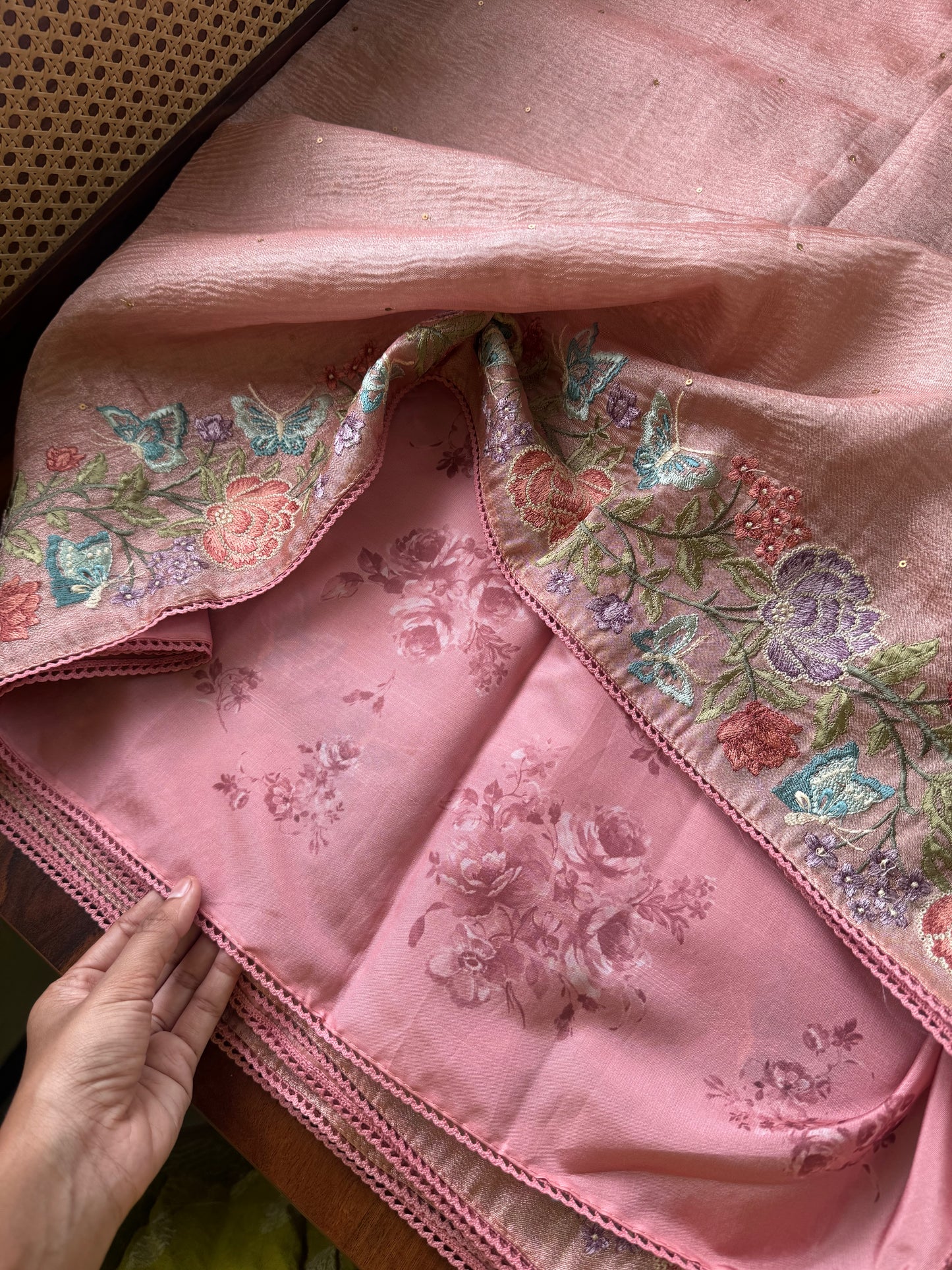 Butterfly Bloom Tissue Saree - Rosegold