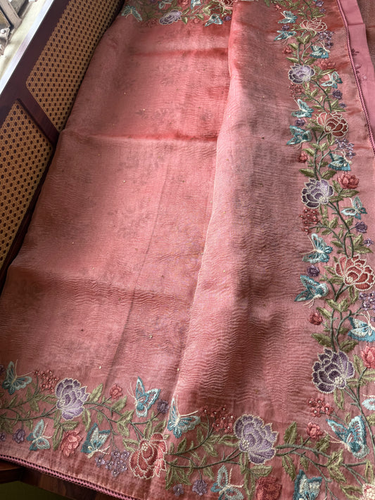 Butterfly Bloom Tissue Saree - Peach