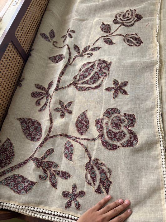 Premium Tissue Linen Sarees with appliqué work - Kerala Cream & Brown