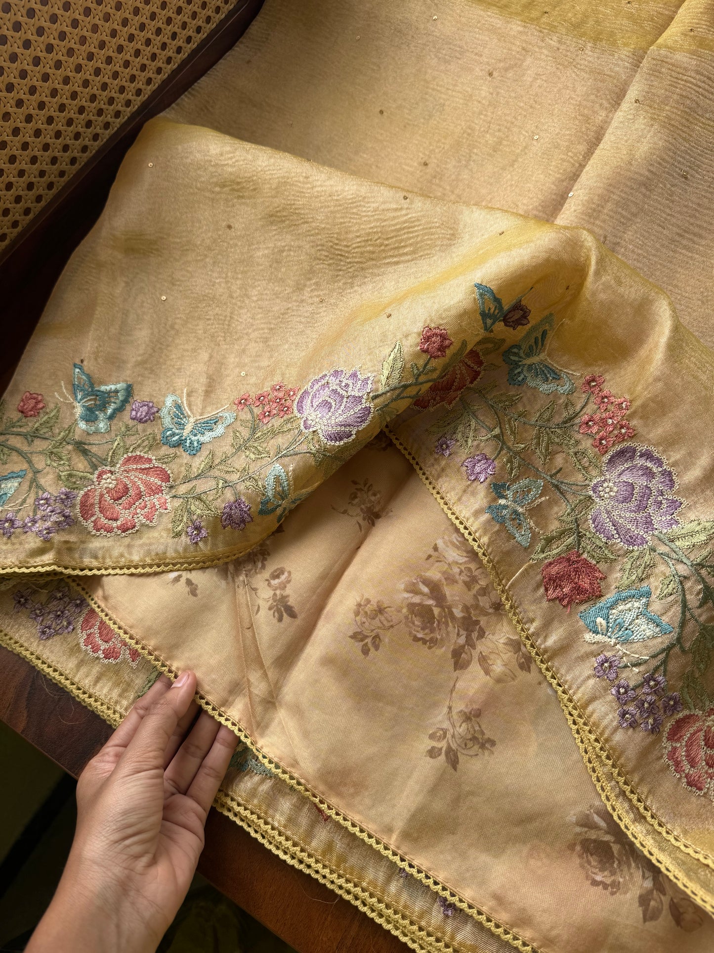 Butterfly Bloom Tissue Saree - Yellow