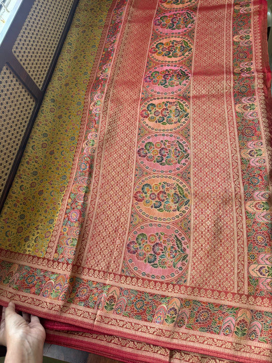 Luxe Pashmina Style Semi Silk Saree - Yellow & Red