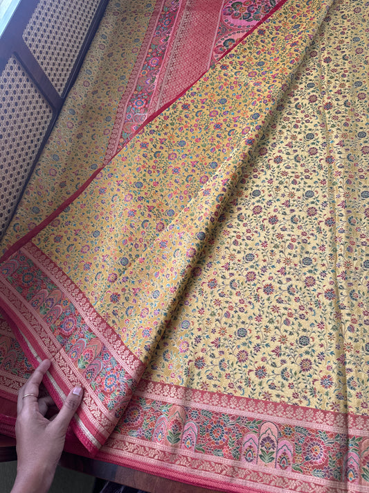 Luxe Pashmina Style Semi Silk Saree - Yellow & Red