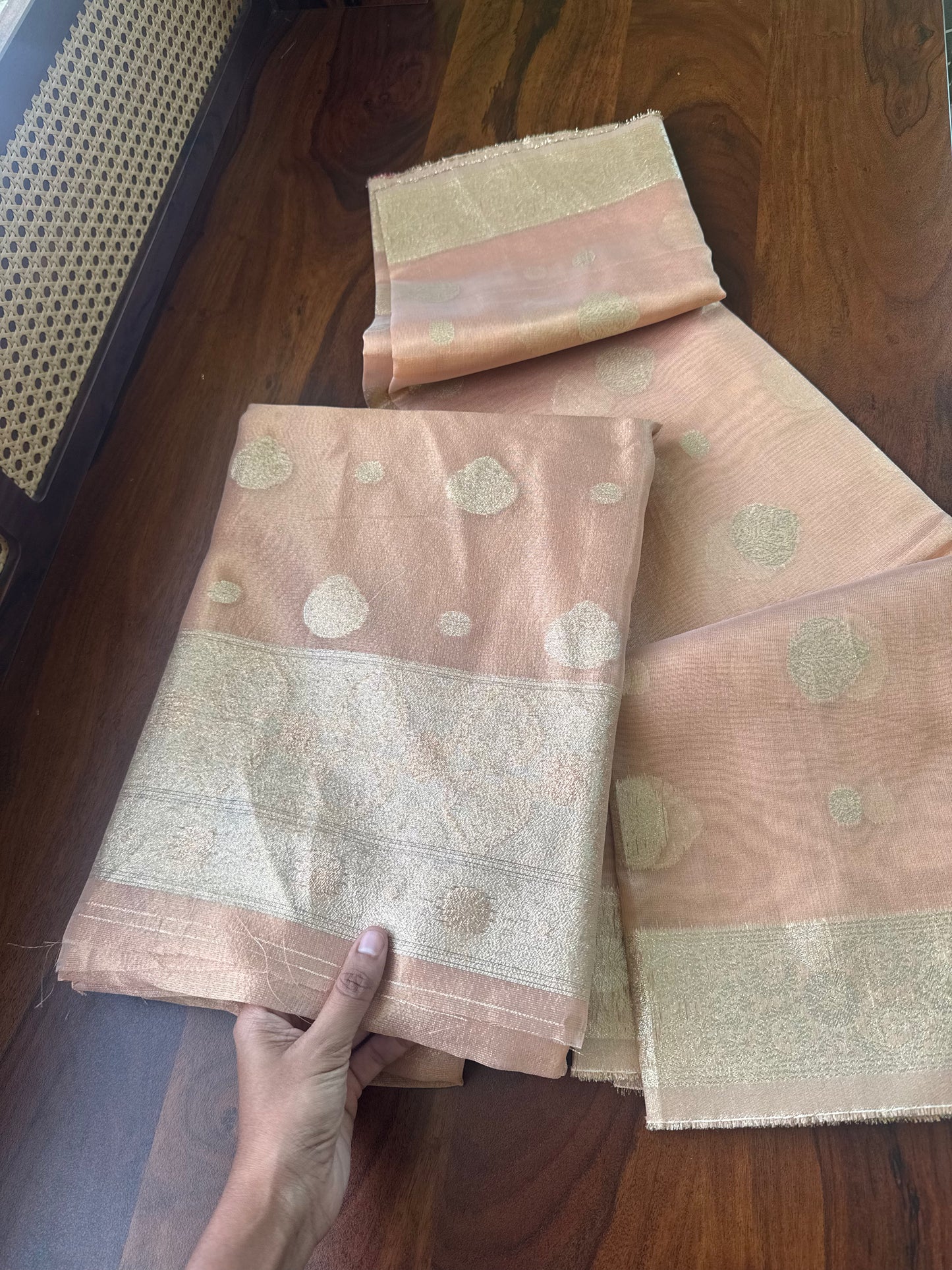 Zari Tissue Banarasi Unstitched Top & Shawl - Metallic Peach