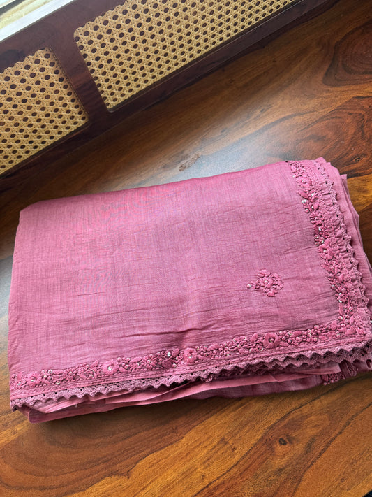 Pure Mul Chanderi Chikankari Saree - Mauve Pink
