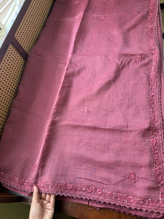 Pure Mul Chanderi Chikankari Saree - Mauve Pink
