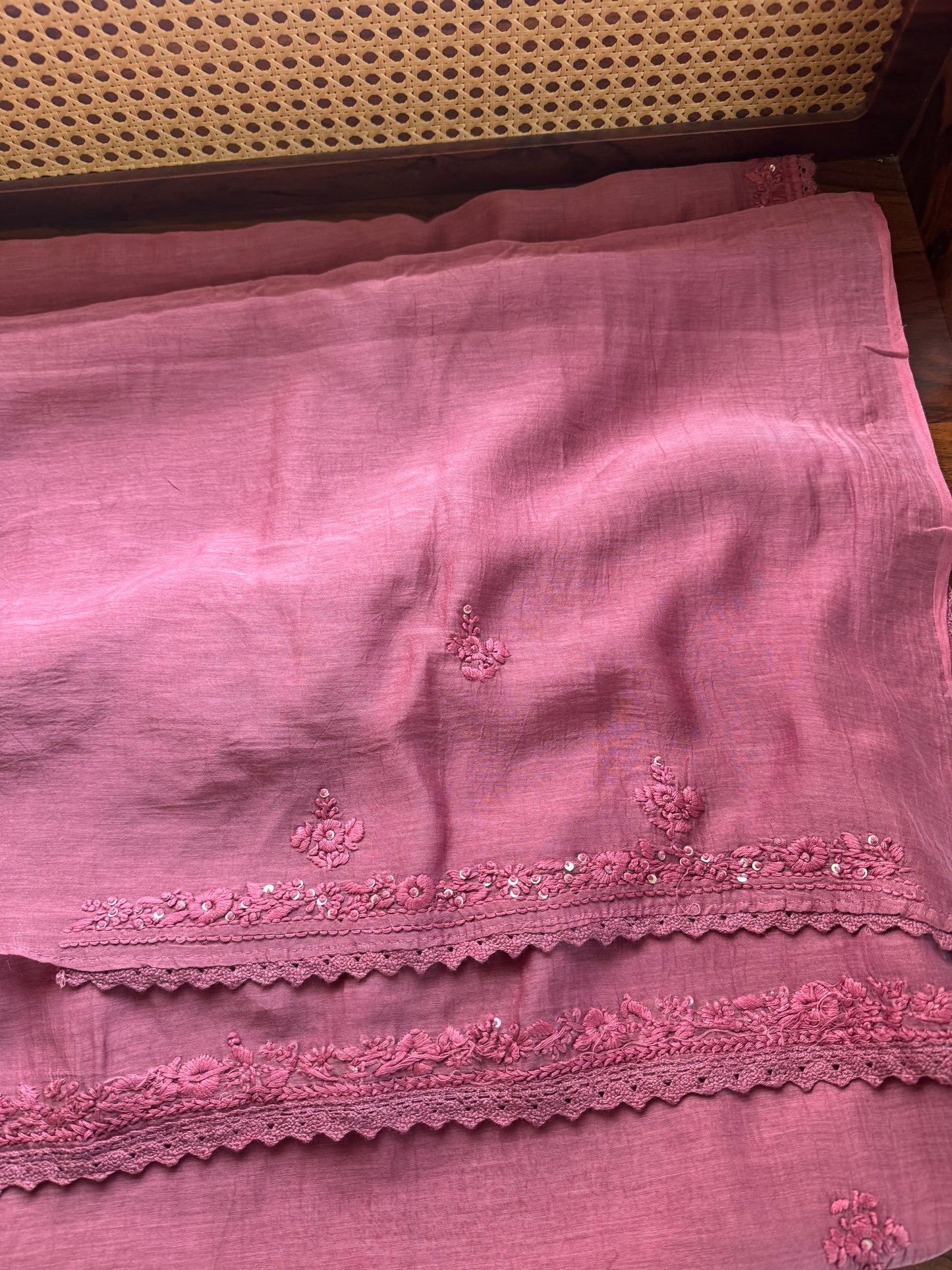 Pure Mul Chanderi Chikankari Saree - Mauve Pink