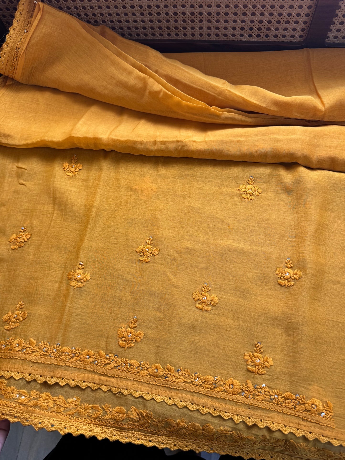 Pure Mul Chanderi Chikankari Saree - Yellow