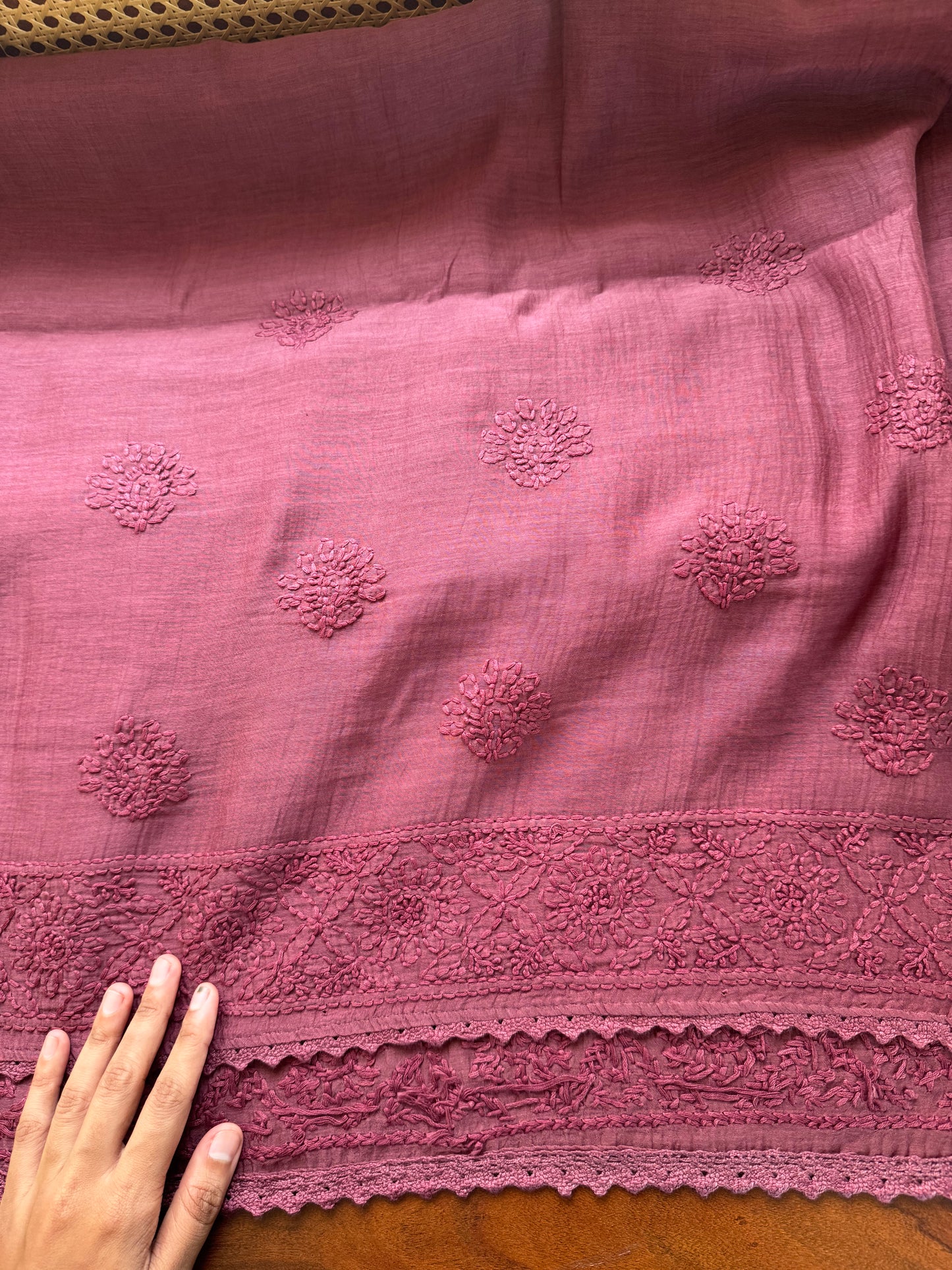 Pure Mul Chanderi Chikankari Saree - Deep Mauve Pink