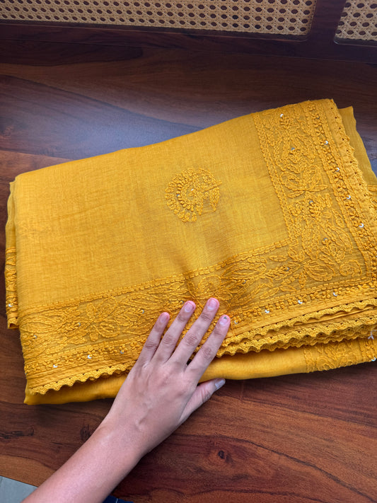Pure Mul Chanderi Chikankari Saree - Yellow