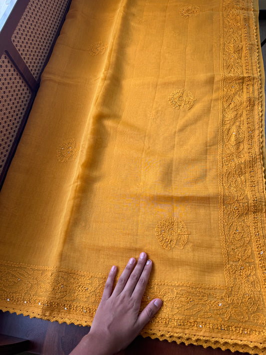 Pure Mul Chanderi Chikankari Saree - Yellow