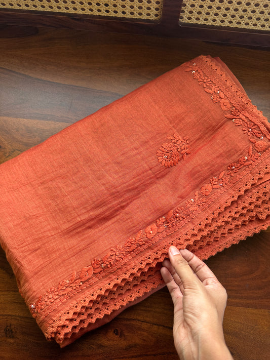 Pure Mul Chanderi Chikankari Saree with Jaal Heavy Blouse - Rust Orange